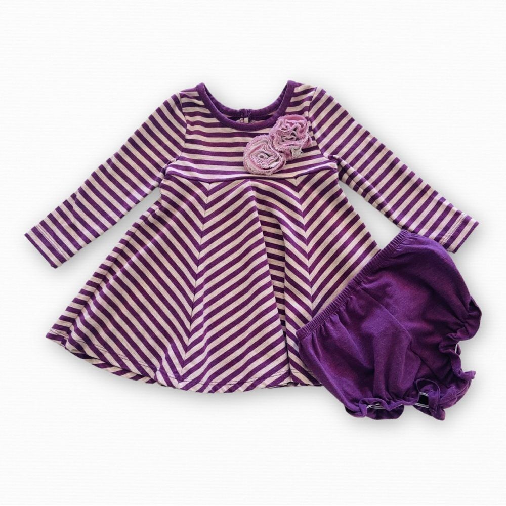 Pippa & Julie Striped Purple Dress and Bloomers Set Size 12 Months